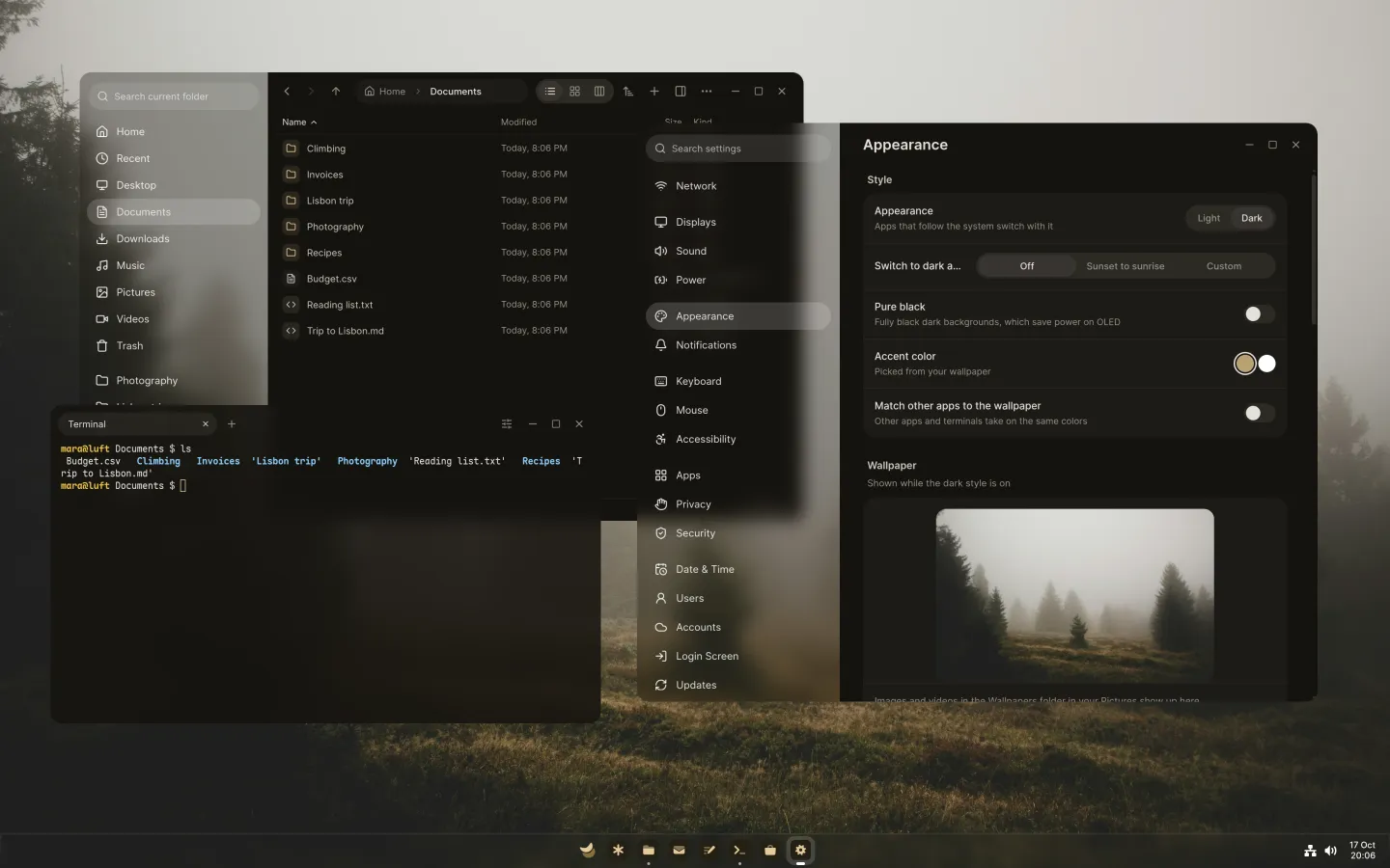 The Luft desktop with Rover, Settings and Tern open over a misty forest