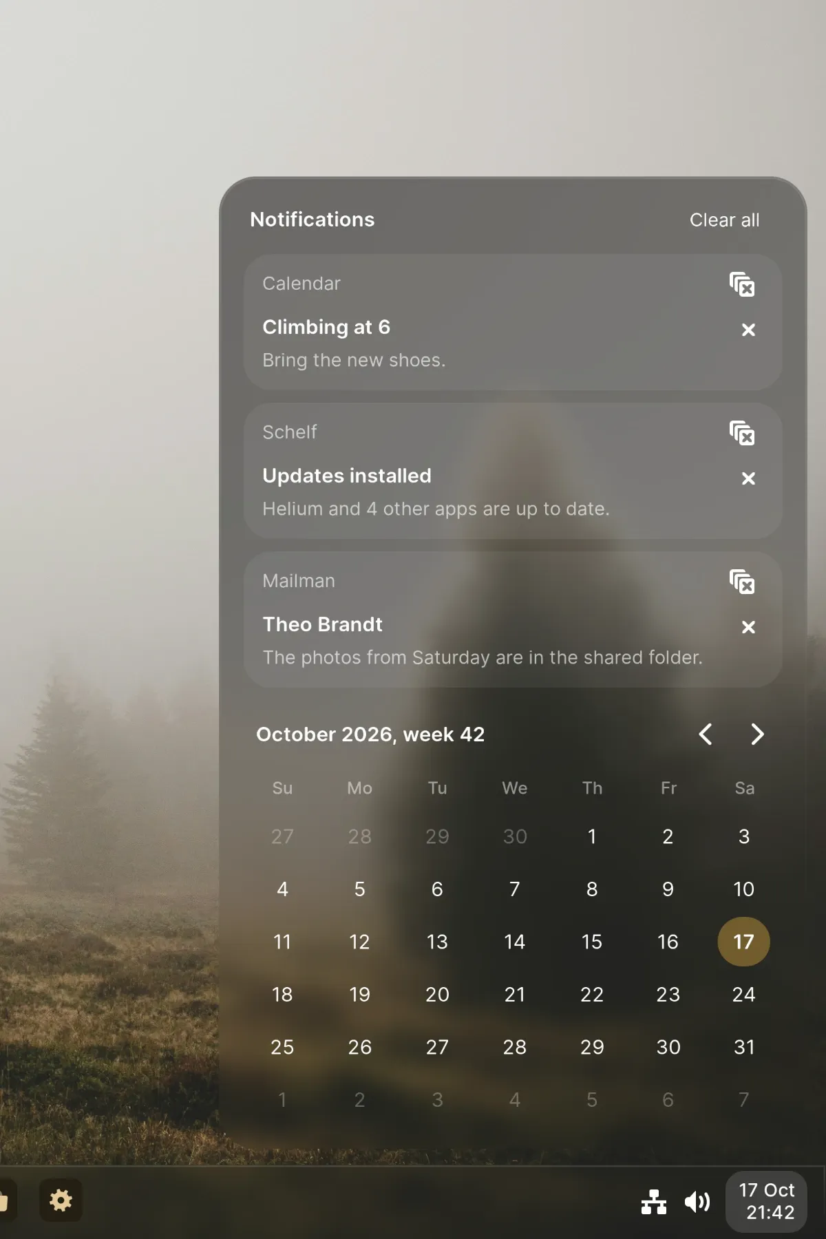 The notification center with a calendar
