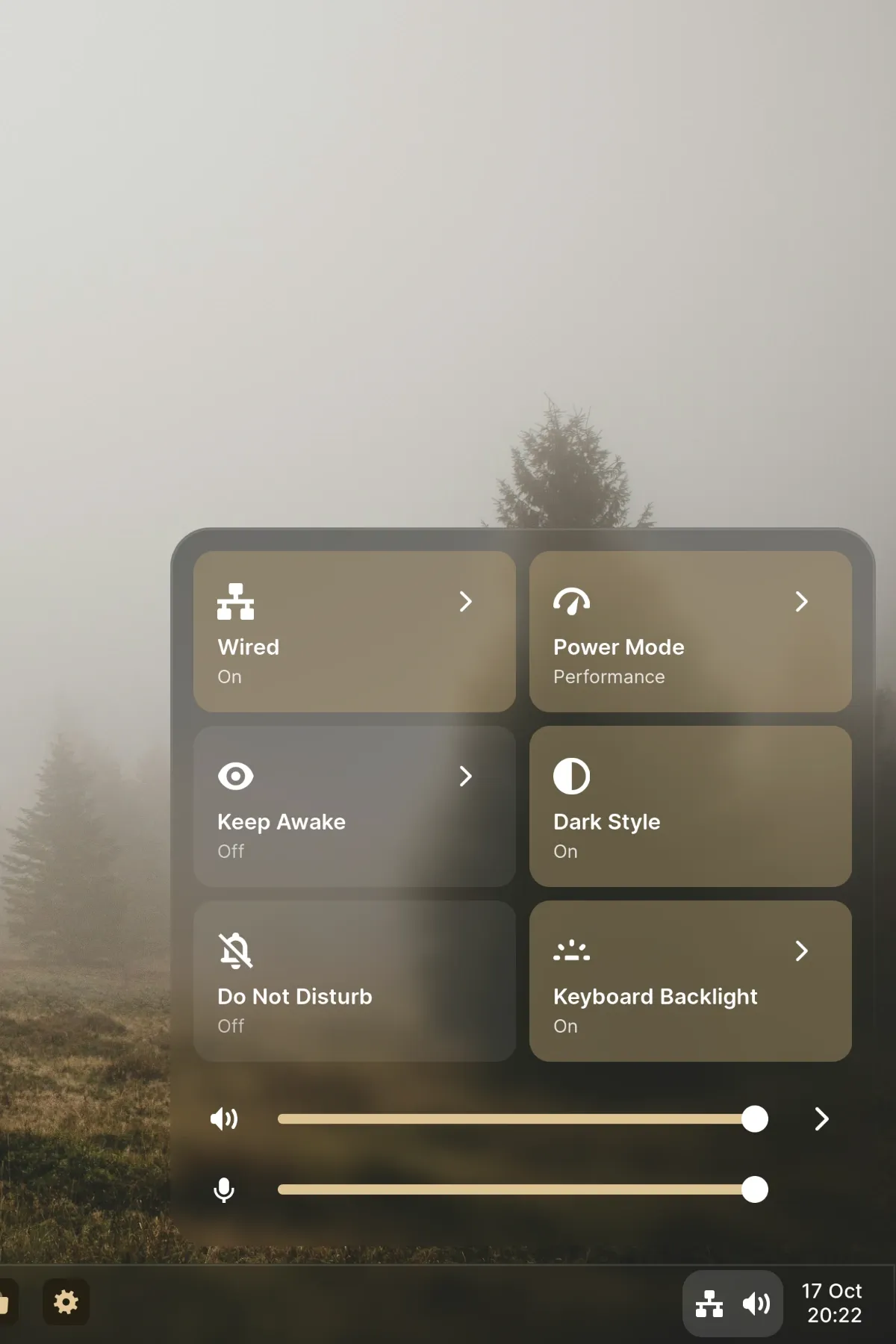 Quick settings with network, power mode, dark style and volume